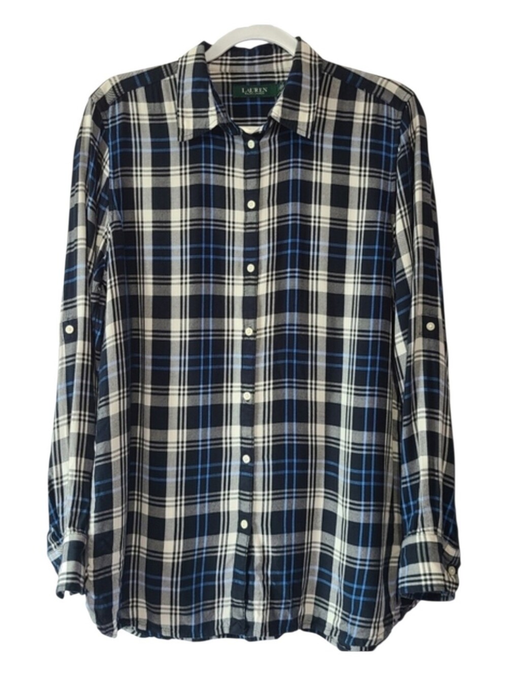 Lauren Ralph Lauren roll tab button-down plaid long sleeve shirt, Sz L (PTP 21")